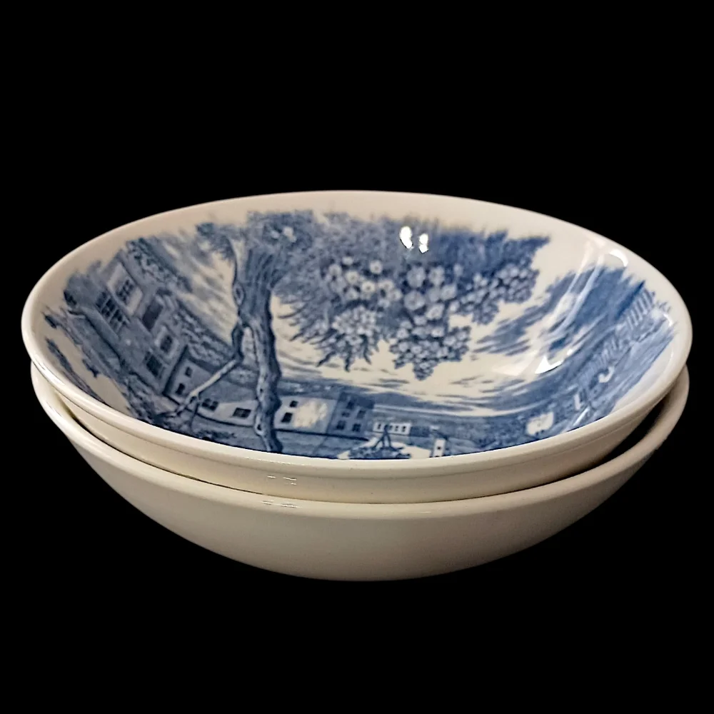 2 Holmar English Village Bowls Set Soup Cereal‎ Berry Blue White Vintage Japan